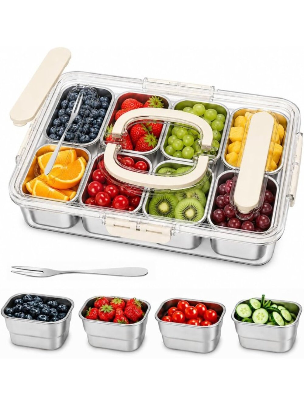 Stainless Steel Snack Container, Divided Serving Tray with Lid & Handle, Forks
